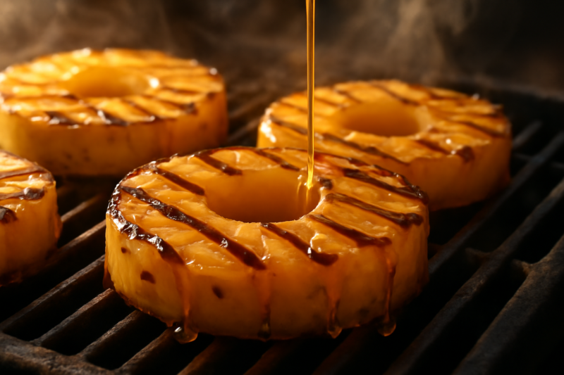 Gegrilde ananasplakken op de bbq met een glanzend laagje honing en grillstrepen