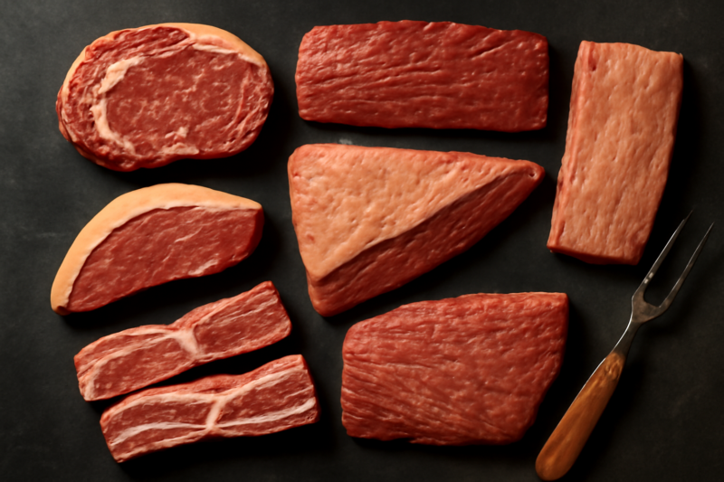 Zeven verschillende rundvleescuts voor de barbecue op een donker leisteen oppervlak