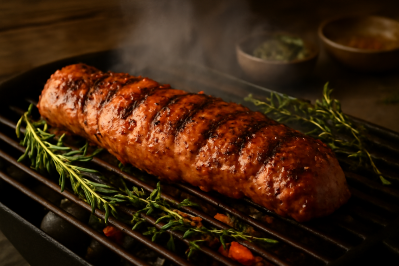 Gemarineerde varkenshaas op een houtskoolbarbecue met verse kruiden en gouden korst