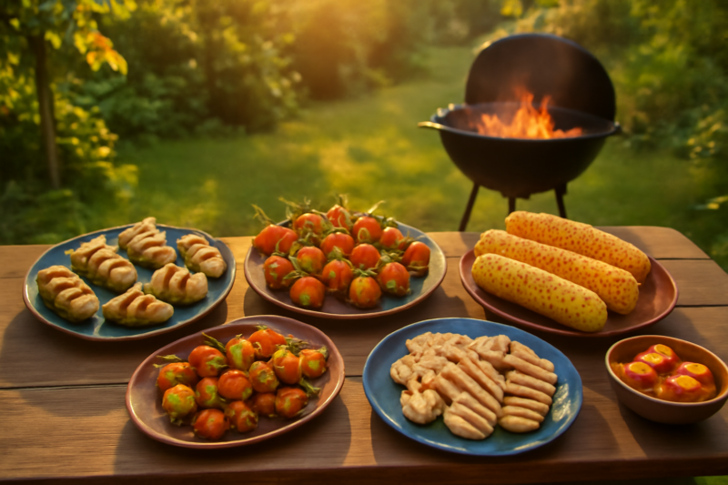 Kleurrijke bbq snacks op een houten tafel tijdens een zomers tuinfeestje