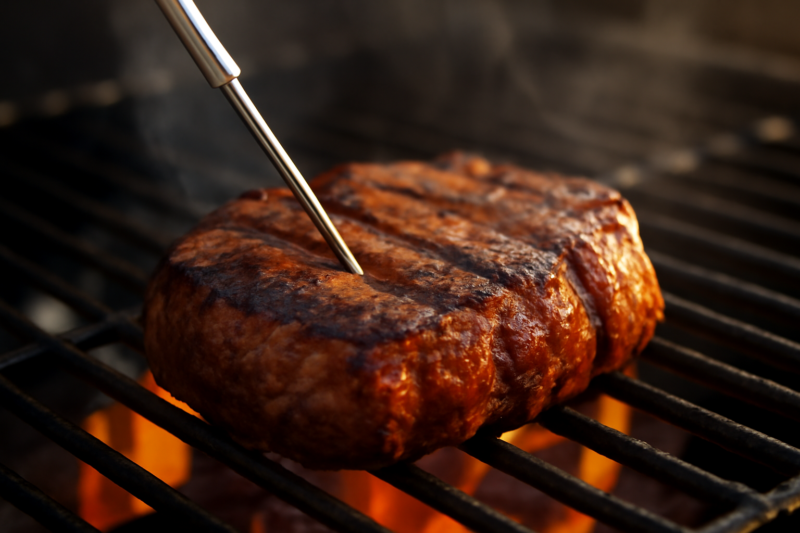 Kernthermometer in een gegrilde steak op een houtskoolbarbecue met gloeiende kolen