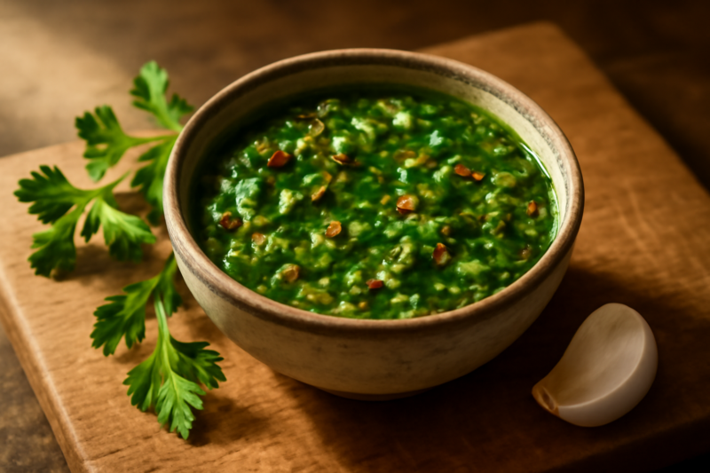 Kom met zelfgemaakte groene chimichurri saus met verse peterselie en knoflook