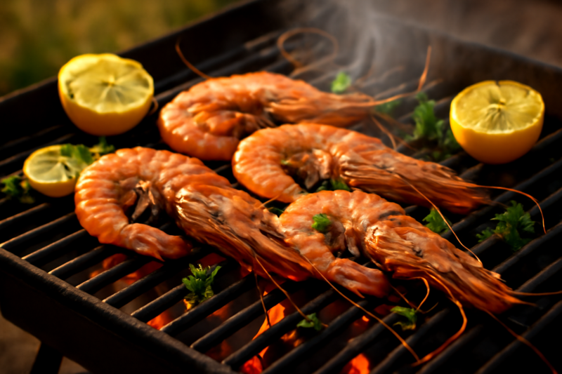 Grote gegrilde garnalen op een hete barbecue met citroen en kruiden