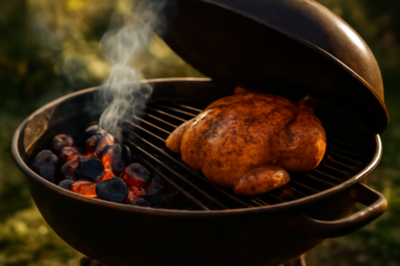 Hele kip op de barbecue bereid met indirecte hitte, deksel op de grill
