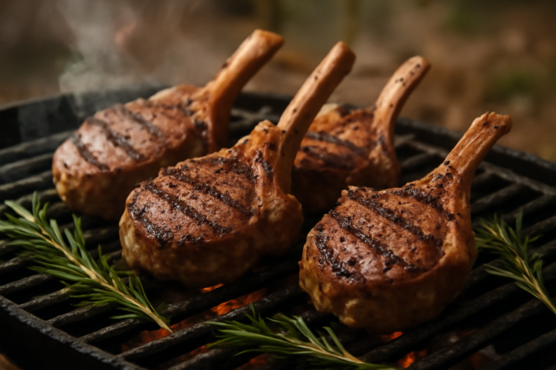 Sappige lamskoteletten met grillmarks op een hete houtskool bbq met rozemarijn