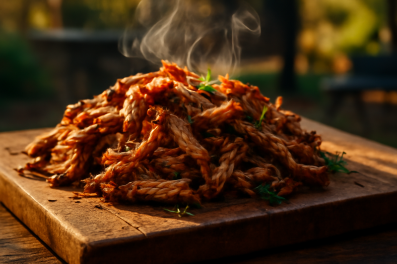 Malse pulled pork op een houten plank, vers van de BBQ gepuld