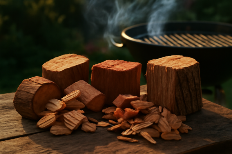 Verschillende rookhout soorten voor de bbq naast een smeulende houtskoolbarbecue