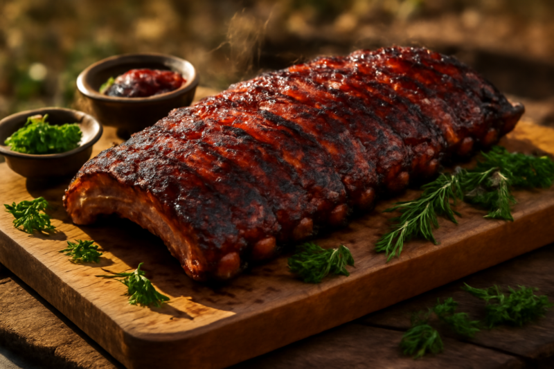 Malse spareribs van de BBQ met een glanzend glazuur op een houten snijplank