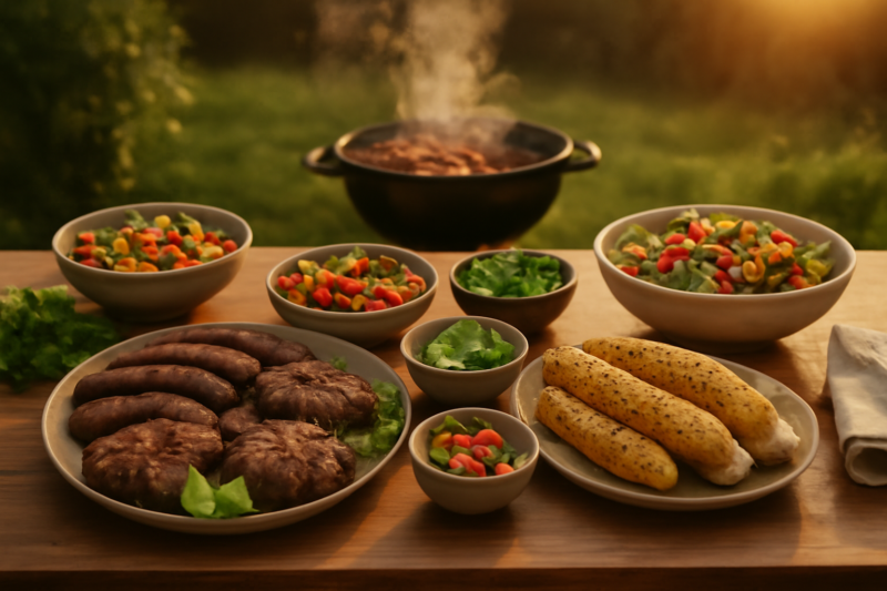 Compleet bbq menu op een zomerse buitentafel met gegrild vlees en salades