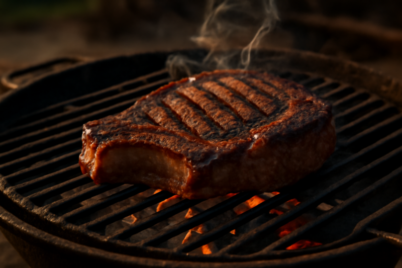 Dik gesneden ribeye met grillstrepen rustend op een hete houtskoolbarbecue
