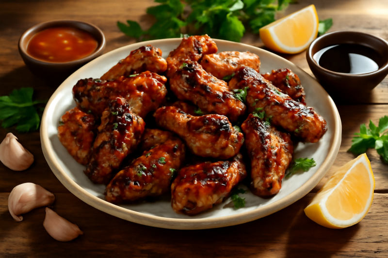 BBQ kippenvleugels met verschillende marinades op een rustieke houten tafel