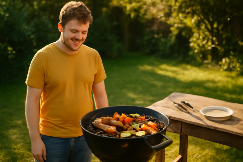 Beginner grilt worstjes en groenten op een houtskoolbarbecue in een zonnige tuin