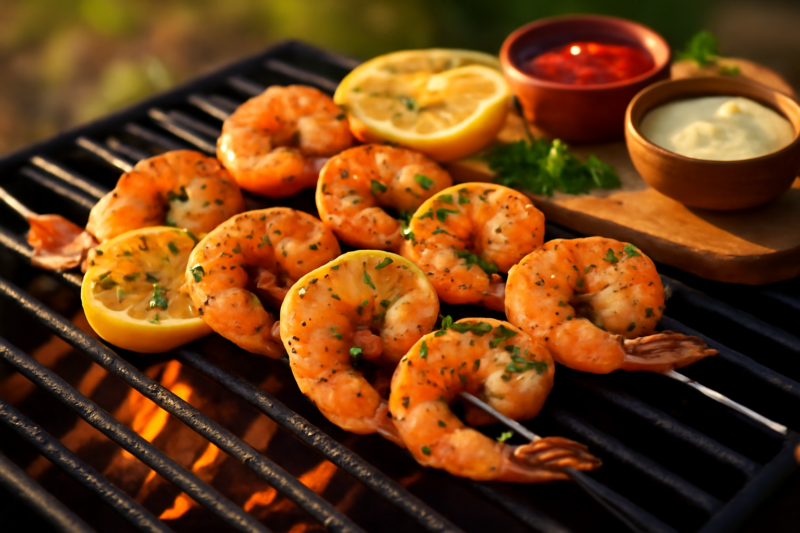 Gegrilde garnalen spiesjes op de barbecue met dipsauzen en citroen