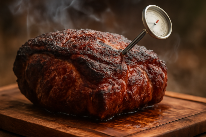Gerookte varkensschouder met kernthermometer op snijplank, klaar voor pulled pork