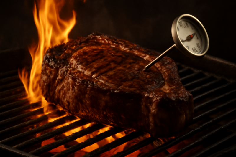 Dikke ribeye op een hete barbecuegrill met een vleesthermometer in het vlees