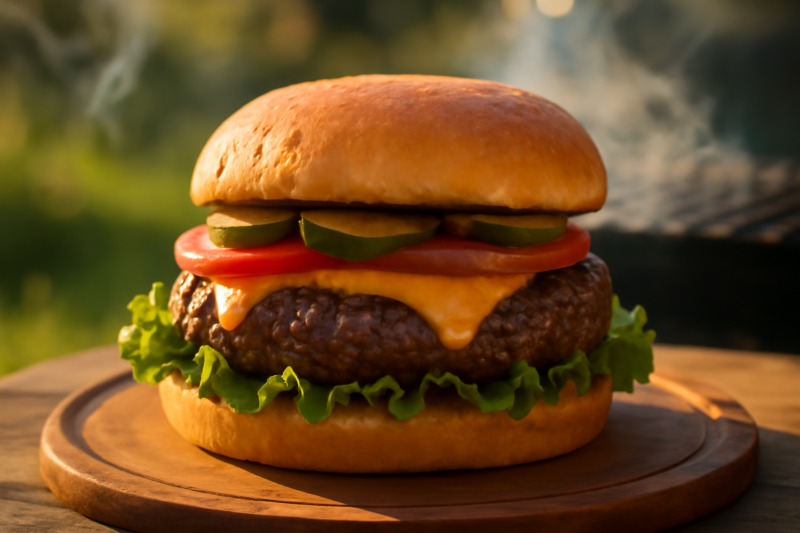 Zelfgemaakte runderhamburger met kaas en groenten op een houten plank naast de bbq
