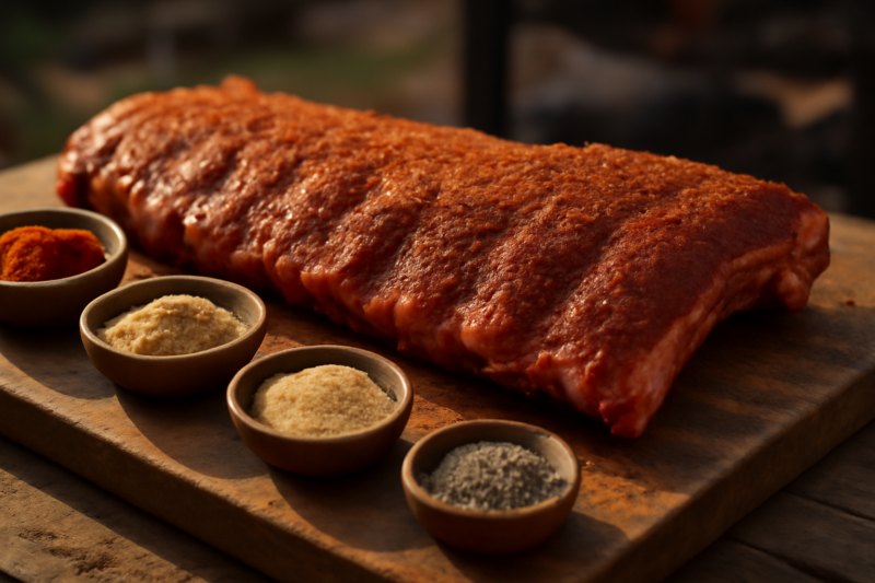 Spareribs bedekt met droge rub op een houten snijplank, omringd door kruiden en specerijen