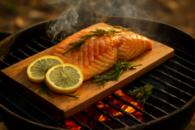 Zalmfilet op een cederhoutplank boven gloeiende houtskool op de bbq